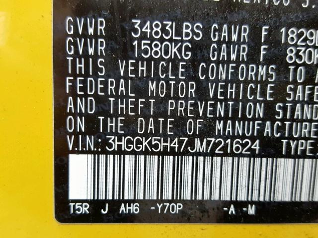 3HGGK5H47JM721624 - 2018 HONDA FIT LX YELLOW photo 10