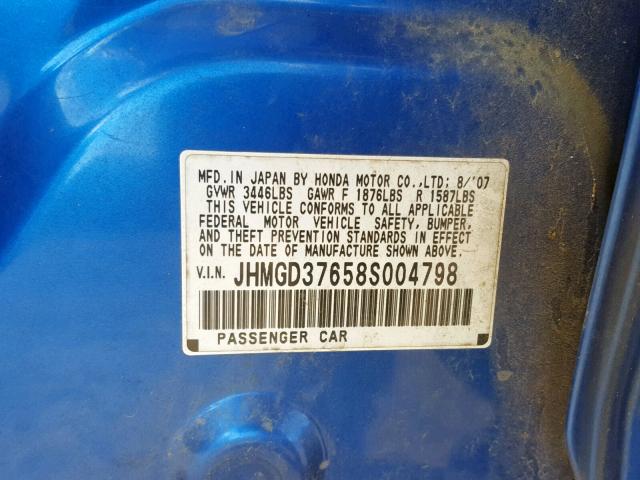 JHMGD37658S004798 - 2008 HONDA FIT SPORT BLUE photo 10