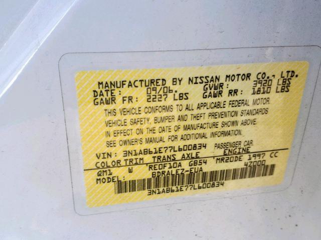 3N1AB61E77L600834 - 2007 NISSAN SENTRA 2.0 WHITE photo 10