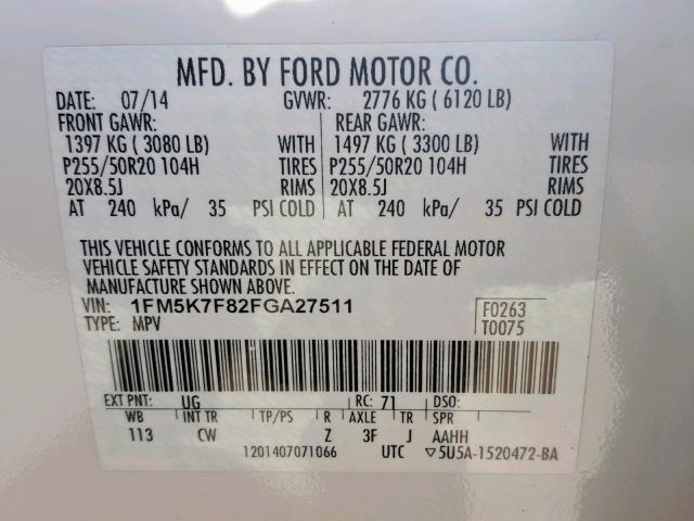 1FM5K7F82FGA27511 - 2015 FORD EXPLORER L WHITE photo 10