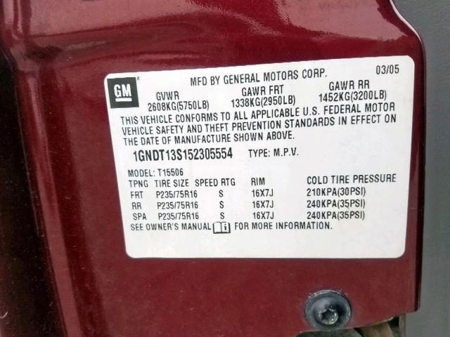 1GNDT13S152305554 - 2005 CHEVROLET TRAILBLAZE BURGUNDY photo 10