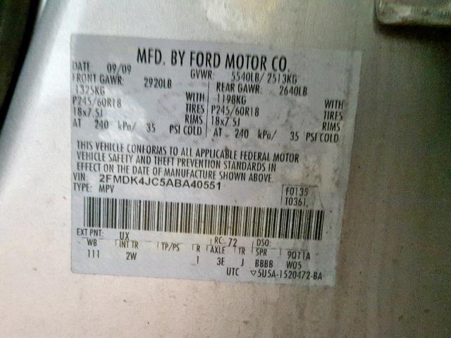 2FMDK4JC5ABA40551 - 2010 FORD EDGE SEL SILVER photo 10