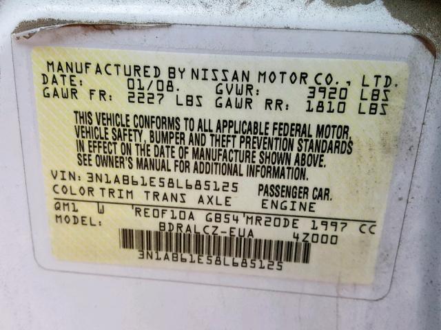 3N1AB61E58L685125 - 2008 NISSAN SENTRA 2.0 WHITE photo 10