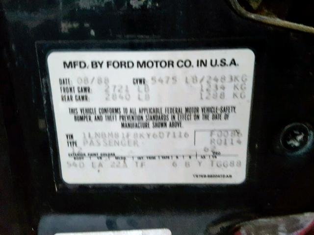 1LNBM81F8KY607116 - 1989 LINCOLN TOWN CAR BLACK photo 10