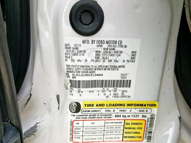 5LMJJ2J59CEL04404 - 2012 LINCOLN NAVIGATOR 白色 照片 10