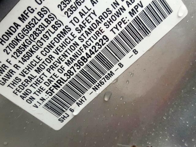 5FNRL38736B442329 - 2006 HONDA ODYSSEY EX SILVER photo 10