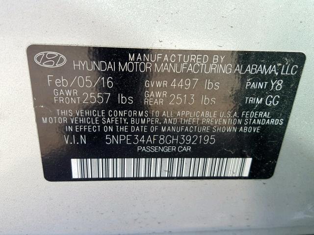 5NPE34AF8GH392195 - 2016 HYUNDAI SONATA SPO SILVER photo 10