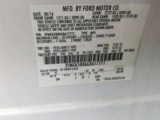 2FMGK5B86GBA17771 - 2016 FORD FLEX SE WHITE photo 10