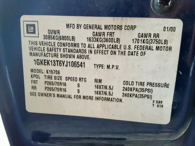 1GKEK13T6YJ106541 - 2000 GMC YUKON BLUE photo 10