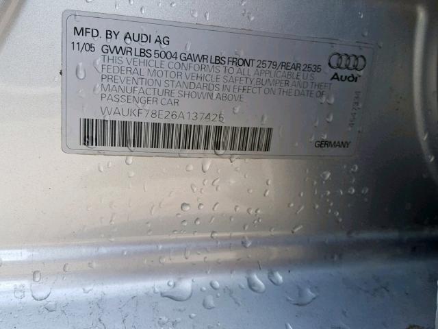 WAUKF78E26A137425 - 2006 AUDI A4 2.0T AV SILVER photo 10