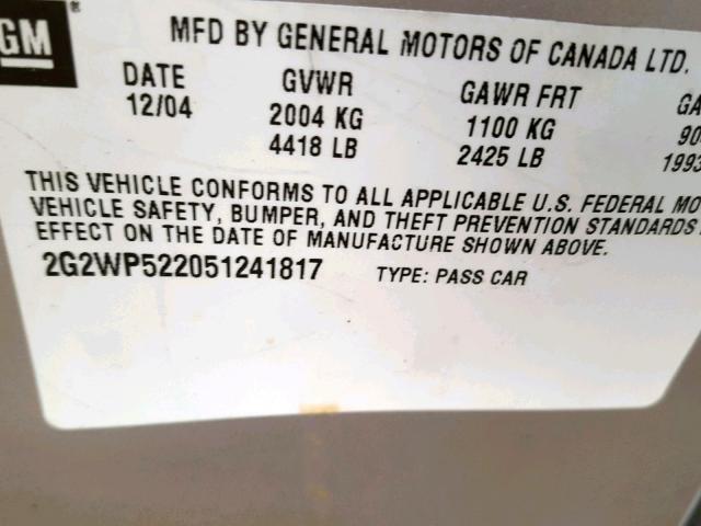 2G2WP522051241817 - 2005 PONTIAC GRAND PRIX SILVER photo 10