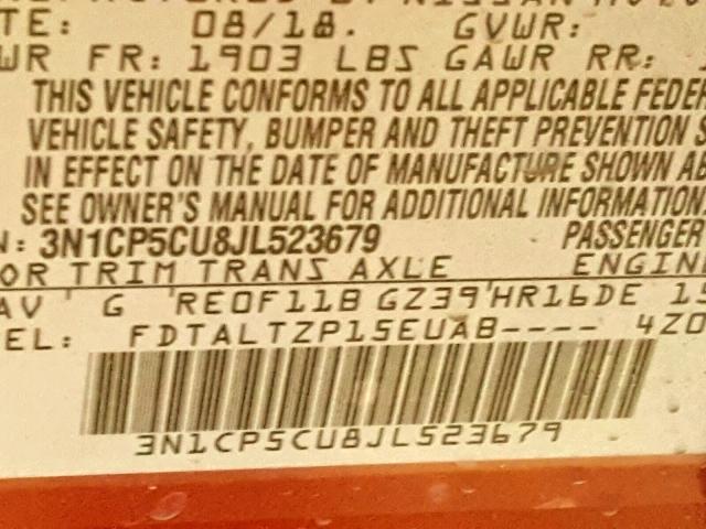 3N1CP5CU8JL523679 - 2018 NISSAN KICKS S RED photo 10