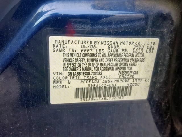 3N1AB61EX8L732083 - 2008 NISSAN SENTRA 2.0 BLUE photo 10