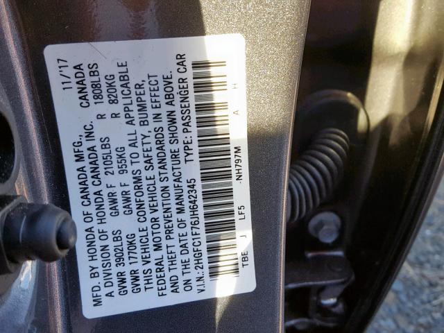 2HGFC1F76JH642345 - 2018 HONDA CIVIC EXL GRAY photo 10