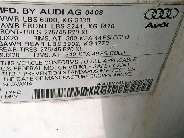 WA1EV74L58D060780 - 2008 AUDI Q7 4.2 QUA SILVER photo 10