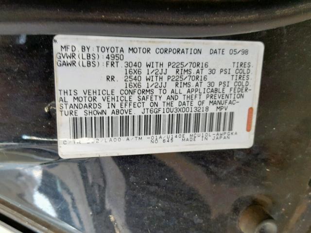 JT6GF10U3X0013218 - 1999 LEXUS RX 300 BLACK photo 10