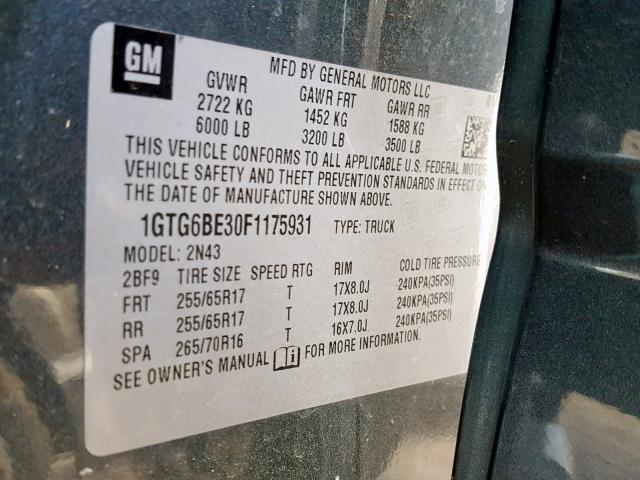 1GTG6BE30F1175931 - 2015 GMC CANYON SLE CHARCOAL photo 10