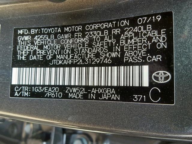 JTDKARFP2L3129746 - 2020 TOYOTA PRIUS PRIM 灰色 照片 10