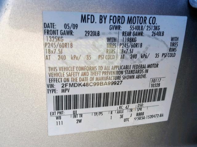 2FMDK48C99BA99927 - 2009 FORD EDGE SEL SILVER photo 10