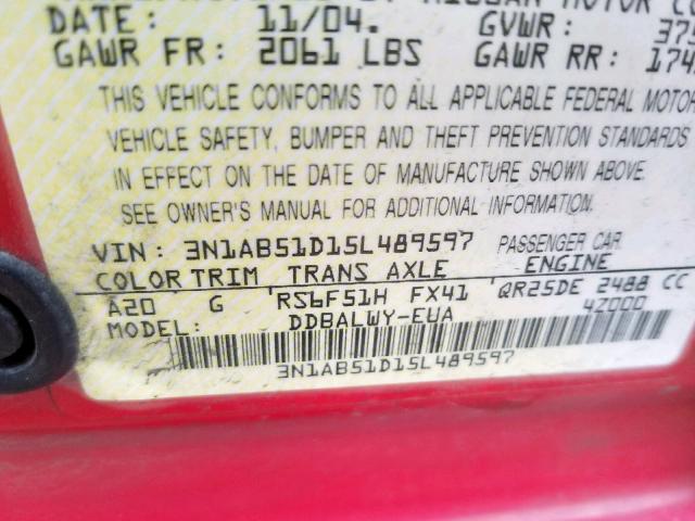 3N1AB51D15L489597 - 2005 NISSAN SENTRA SE- RED photo 10