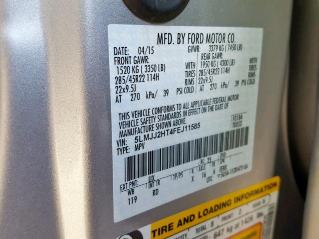 5LMJJ2HT4FEJ11585 - 2015 LINCOLN NAVIGATOR 银色 照片 10