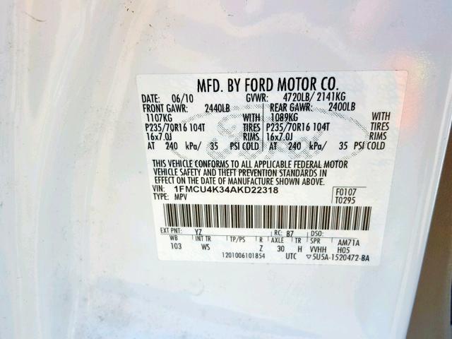 1FMCU4K34AKD22318 - 2010 FORD ESCAPE HYB WHITE photo 10