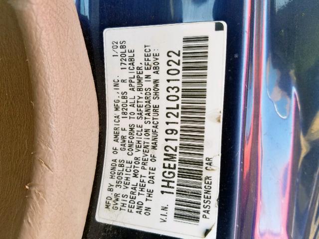 1HGEM21912L031022 - 2002 HONDA CIVIC EX BLUE photo 10