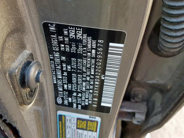 5XYKWDA22CG295678 - 2012 KIA SORENTO SX GRAY photo 10