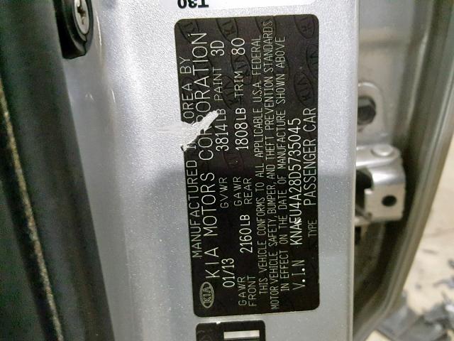 KNAFU4A28D5735045 - 2013 KIA FORTE EX SILVER photo 10