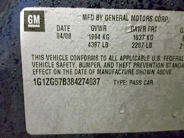 1G1ZG57B384274037 - 2008 CHEVROLET MALIBU LS ლურჯი ფოტო 10