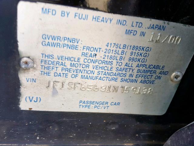 JF1SF65681H759138 - 2001 SUBARU FORESTER S BLACK photo 10