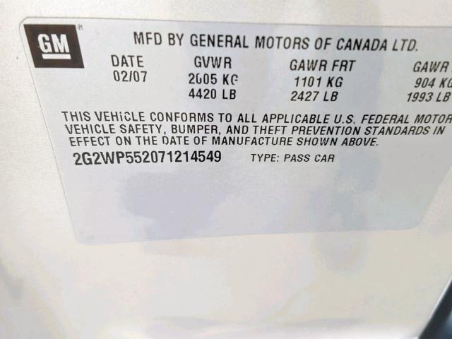 2G2WP552071214549 - 2007 PONTIAC GRAND PRIX SILVER photo 10
