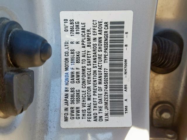 JHMZE2H74AS028877 - 2010 HONDA INSIGHT SILVER photo 10