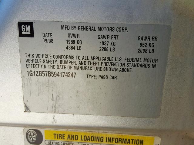 1G1ZG57B594174247 - 2009 CHEVROLET MALIBU LS 银色 照片 10