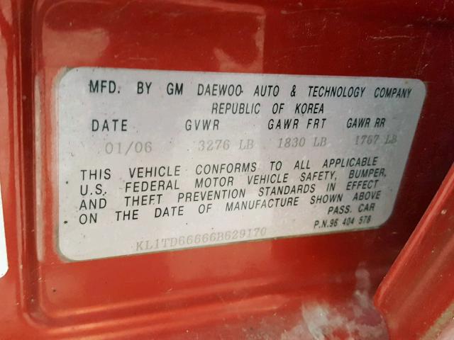 KL1TD66666B629170 - 2006 CHEVROLET AVEO BASE Qırmızı foto 10