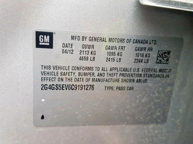 2G4GS5EV6C9191276 - 2012 BUICK REGAL PREM SILVER photo 10