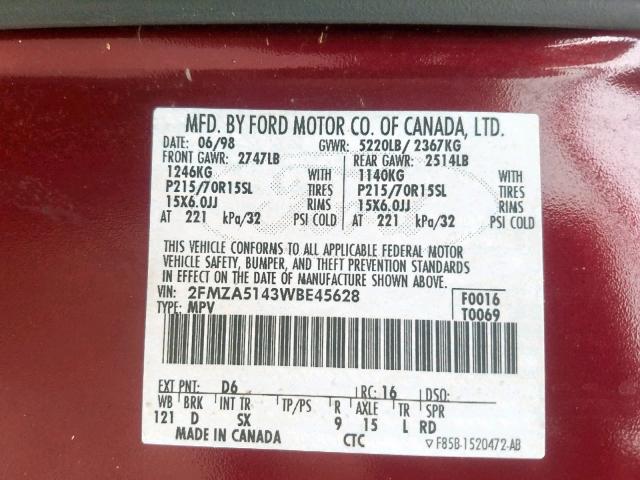 2FMZA5143WBE45628 - 1998 FORD WINDSTAR W RED photo 10