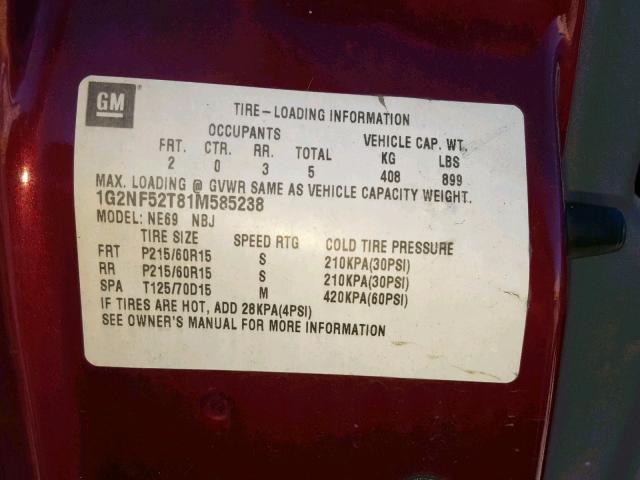 1G2NF52T81M585238 - 2001 PONTIAC GRAND AM S BURGUNDY photo 10