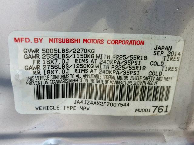 JA4JZ4AX2FZ007544 - 2015 MITSUBISHI OUTLANDER SILVER photo 10