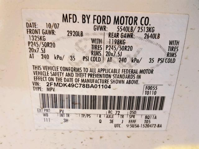 2FMDK49C78BA01104 - 2008 FORD EDGE LIMIT WHITE photo 10