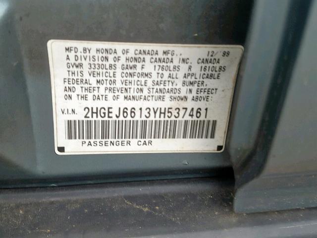 2HGEJ6613YH537461 - 2000 HONDA CIVIC BASE BLUE photo 10