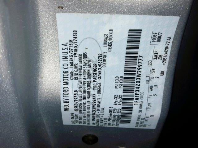 1FAFP34ZX3W299777 - 2003 FORD FOCUS SE C SILVER photo 10