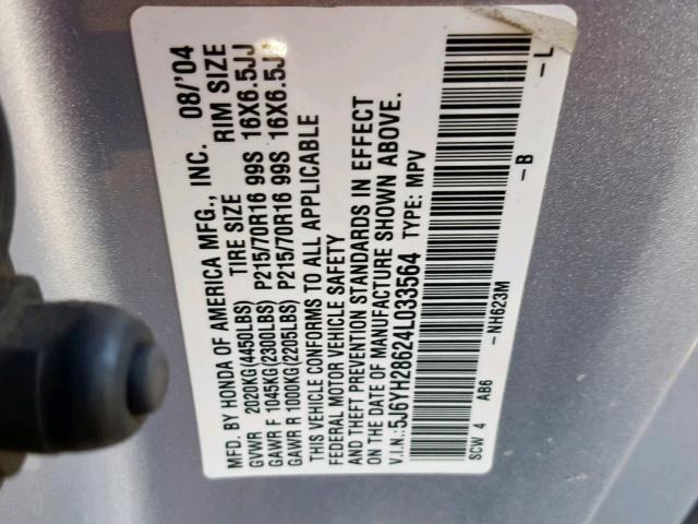 5J6YH28624L033564 - 2004 HONDA ELEMENT EX SILVER photo 10