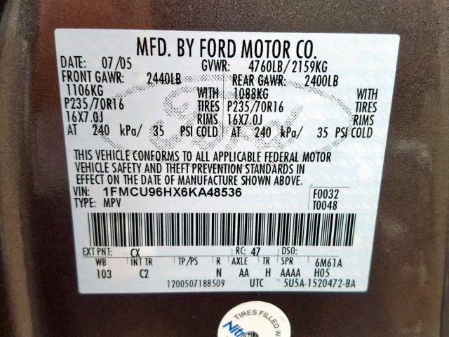 1FMCU96HX6KA48536 - 2006 FORD ESCAPE HEV CHARCOAL photo 10