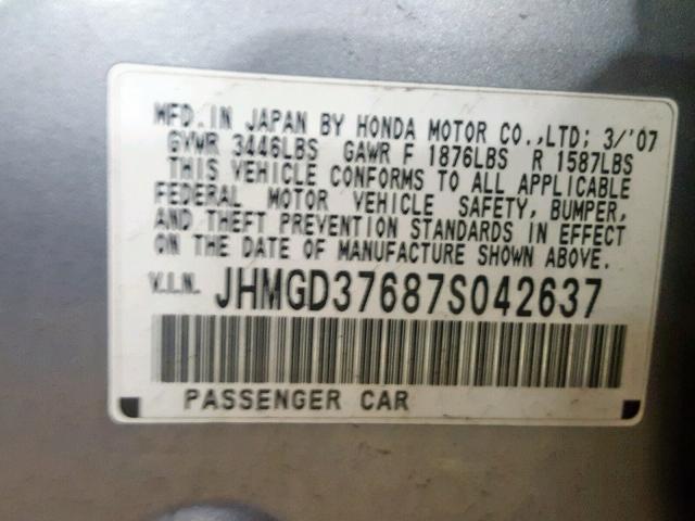 JHMGD37687S042637 - 2007 HONDA FIT S 银色 照片 10