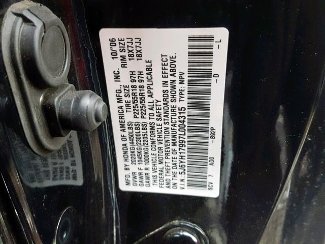 5J6YH17997L004315 - 2007 HONDA ELEMENT SC BLACK photo 10