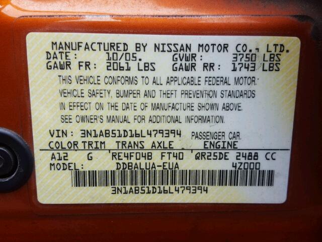 3N1AB51D16L479394 - 2006 NISSAN SENTRA SE- ORANGE photo 10