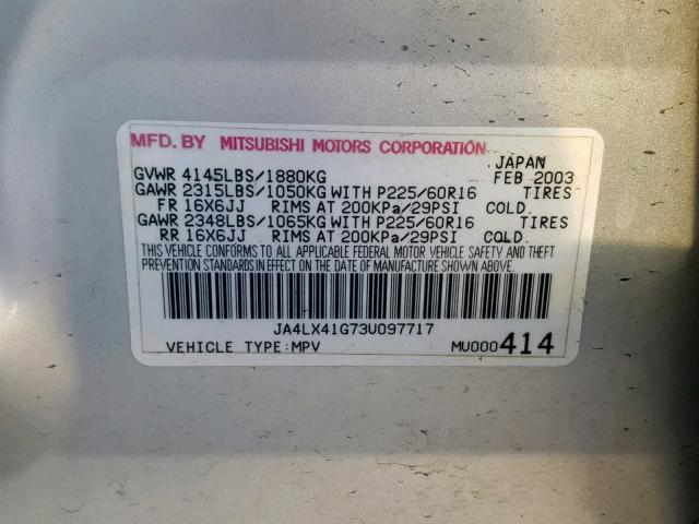 JA4LX41G73U097717 - 2003 MITSUBISHI OUTLANDER SILVER photo 10