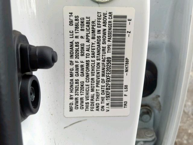 19XFB2F9XFE202589 - 2015 HONDA CIVIC EXL WHITE photo 10