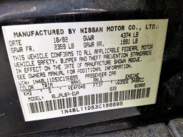 1N4BL11D53C156695 - 2003 NISSAN ALTIMA SE BLACK photo 10